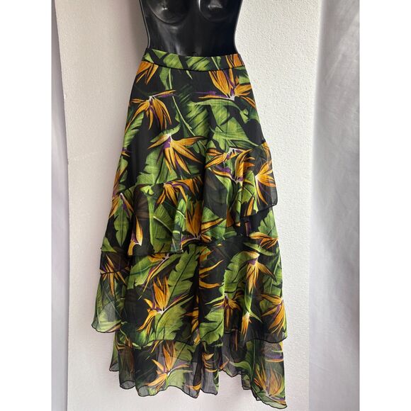 Asos Black Tropical Midi Skirt Tiered Chiffon Size 6 Romantic Flowy Date Floral - Picture 6 of 9